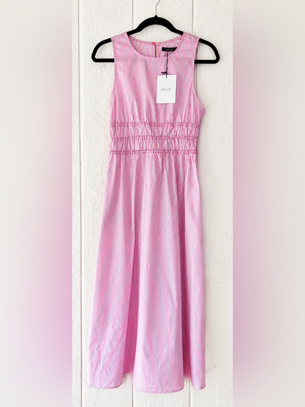 DELUC Capelas Pink Striped Cotton Maxi Dress Smocked Sleeveless Sundress Size M